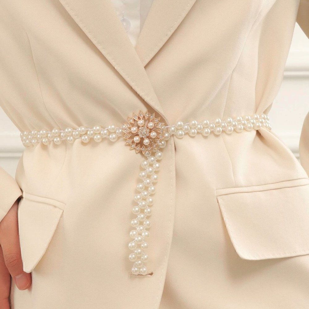 Pearl Rhinestone Decor Elastic Stretchy Belt NEW